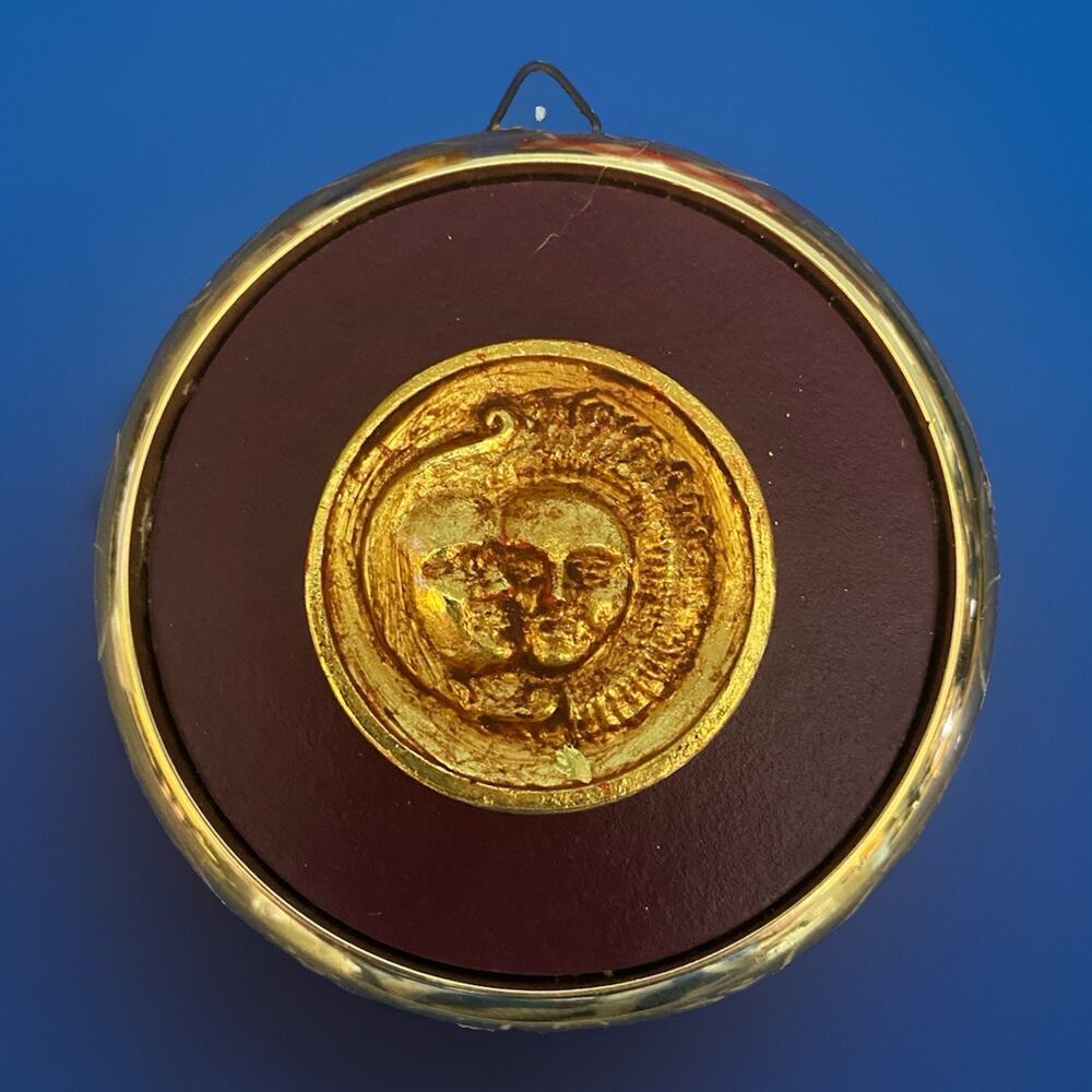Upcycled Neoclassical Grand Tour Plaster Intaglio Brass Plaque Sun Moon 3.75"